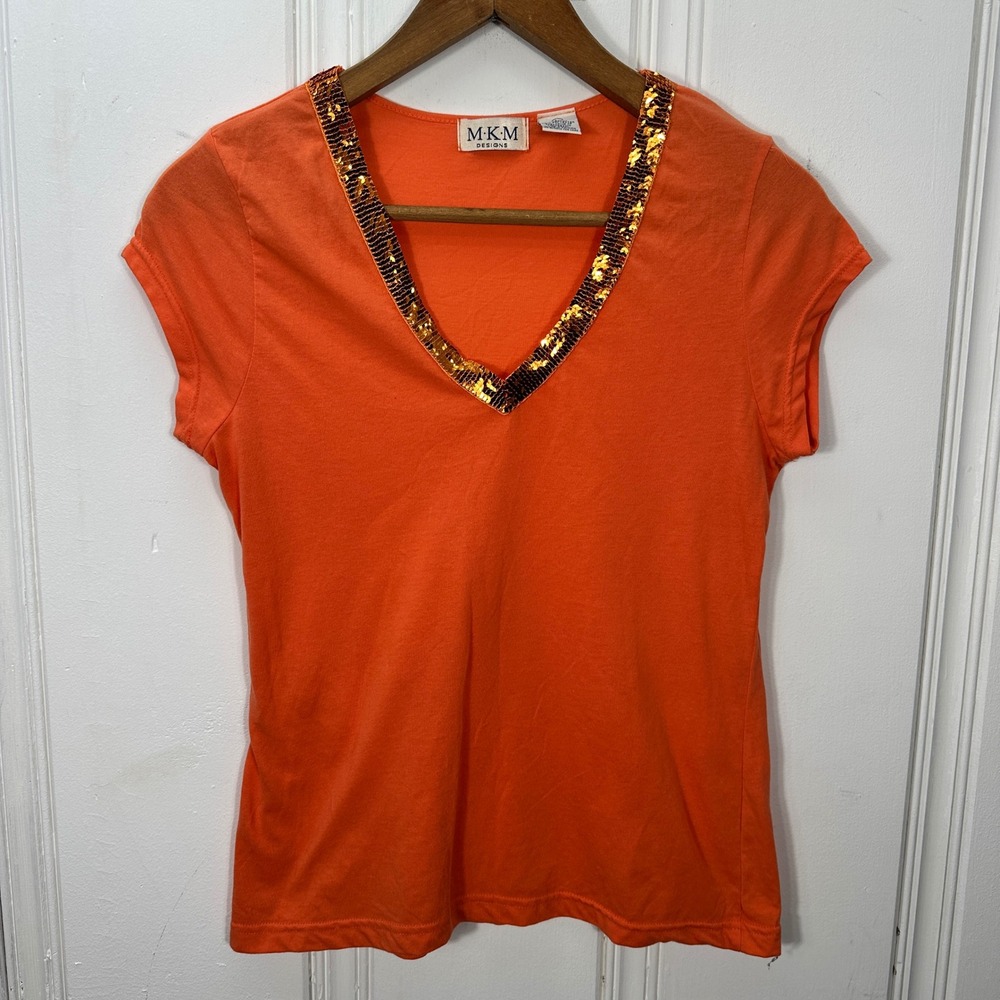 M.K.M Designs Top Womens Large Orange Excellent Sequin V-Neck Short Sleeve Shirt